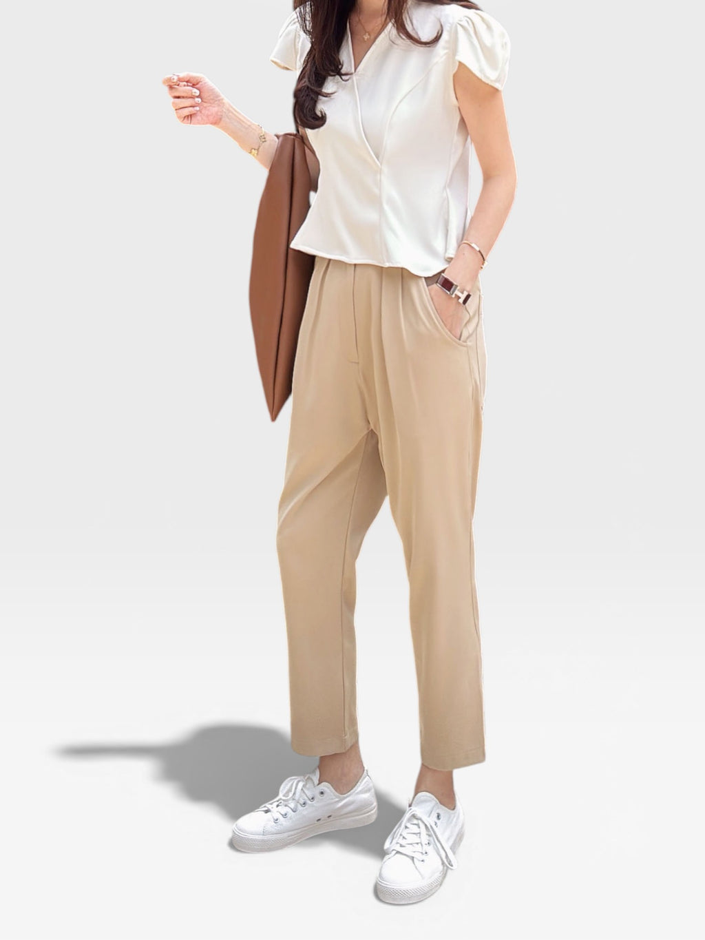 Rie Signature Semi Baggy Pants - Beige